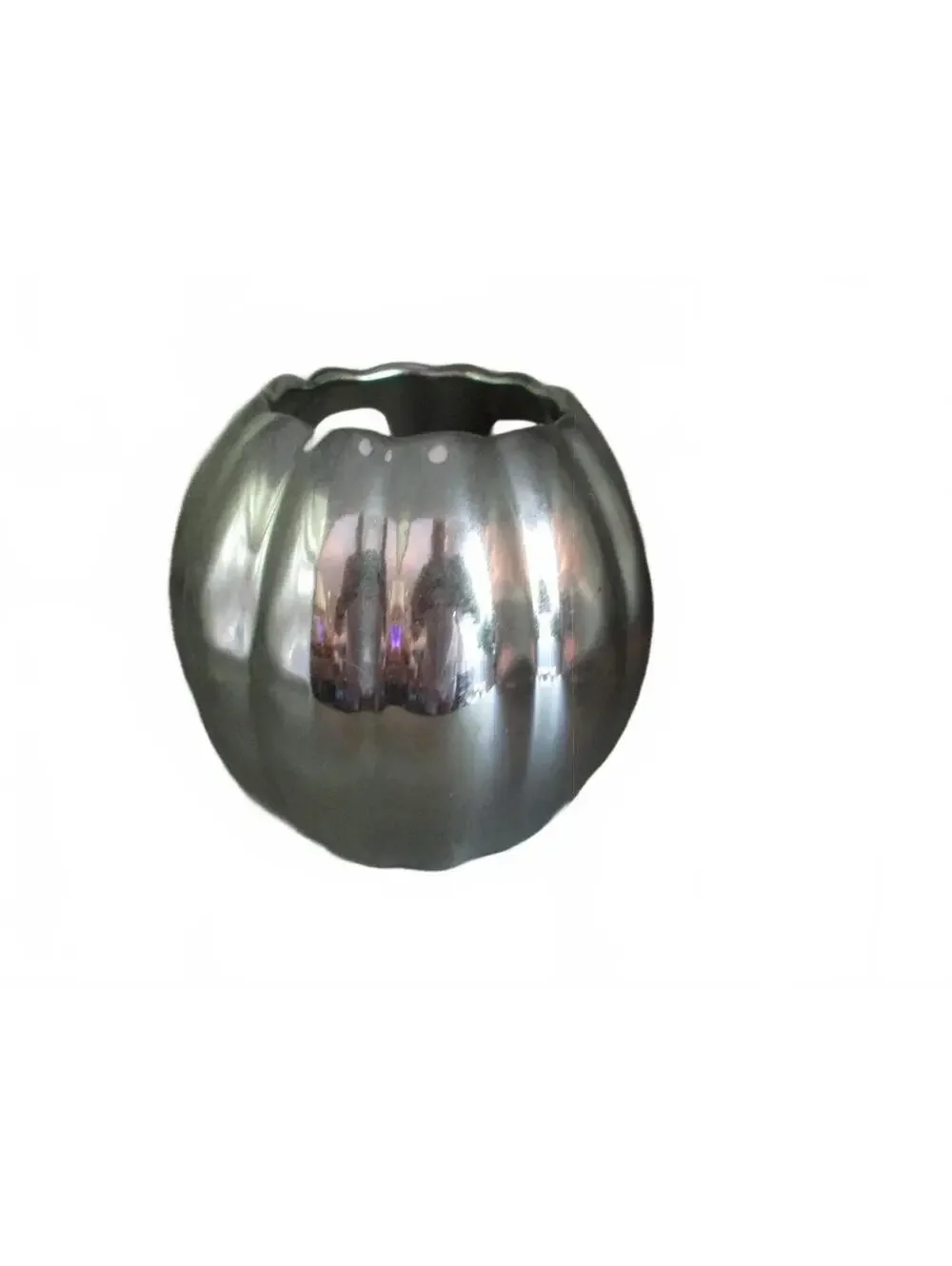 VTG Metallic Silver Metal Pumpkin Jack O Lantern Candle Holder Halloween Decor
